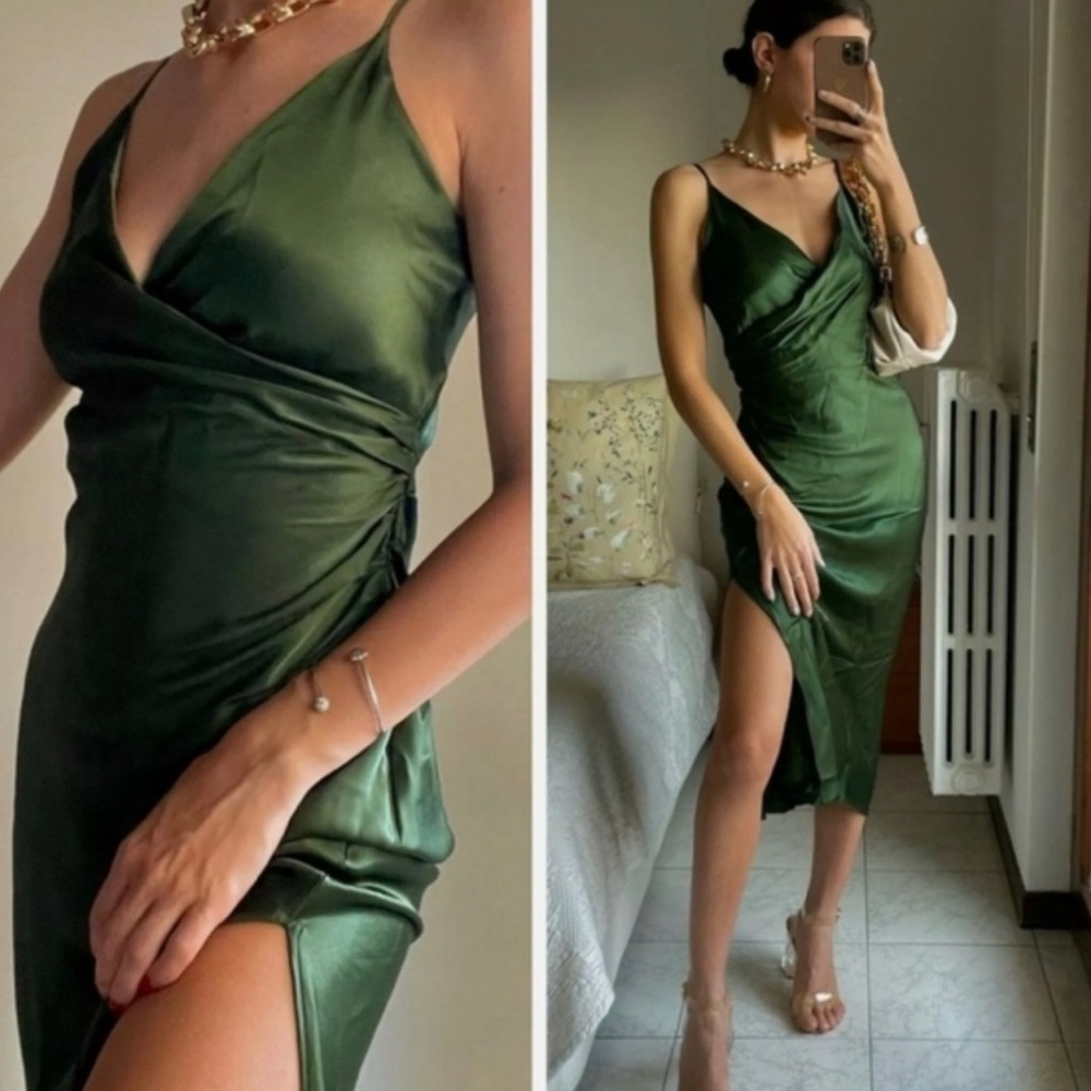 Zara Satin Effect Slip Green Draped Lingerie Style Dress Small Spaghetti Strap